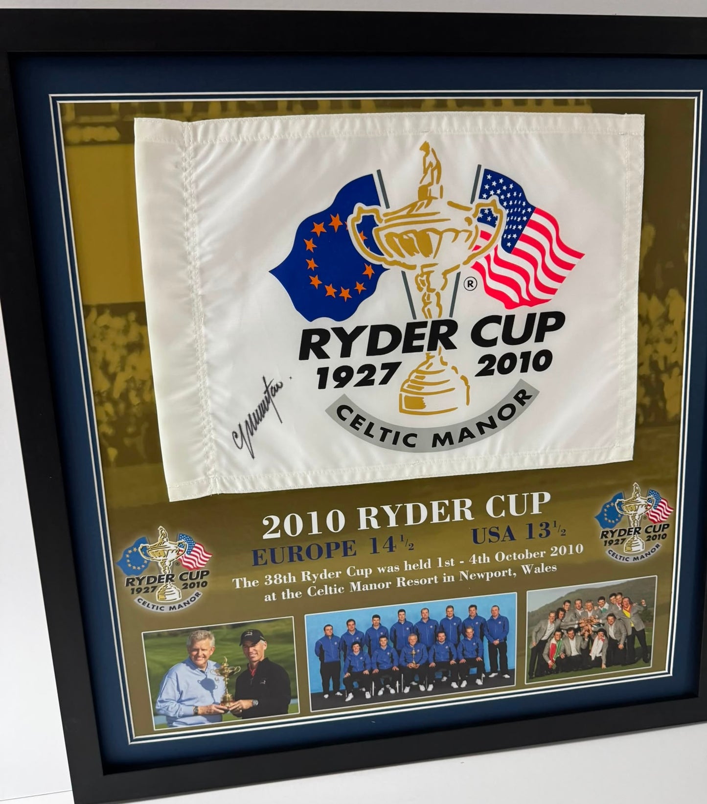 Colin Montgomerie 2010 Team Europe Ryder Cup Captain Signed Celtic Manor Golf Flag Display + COA