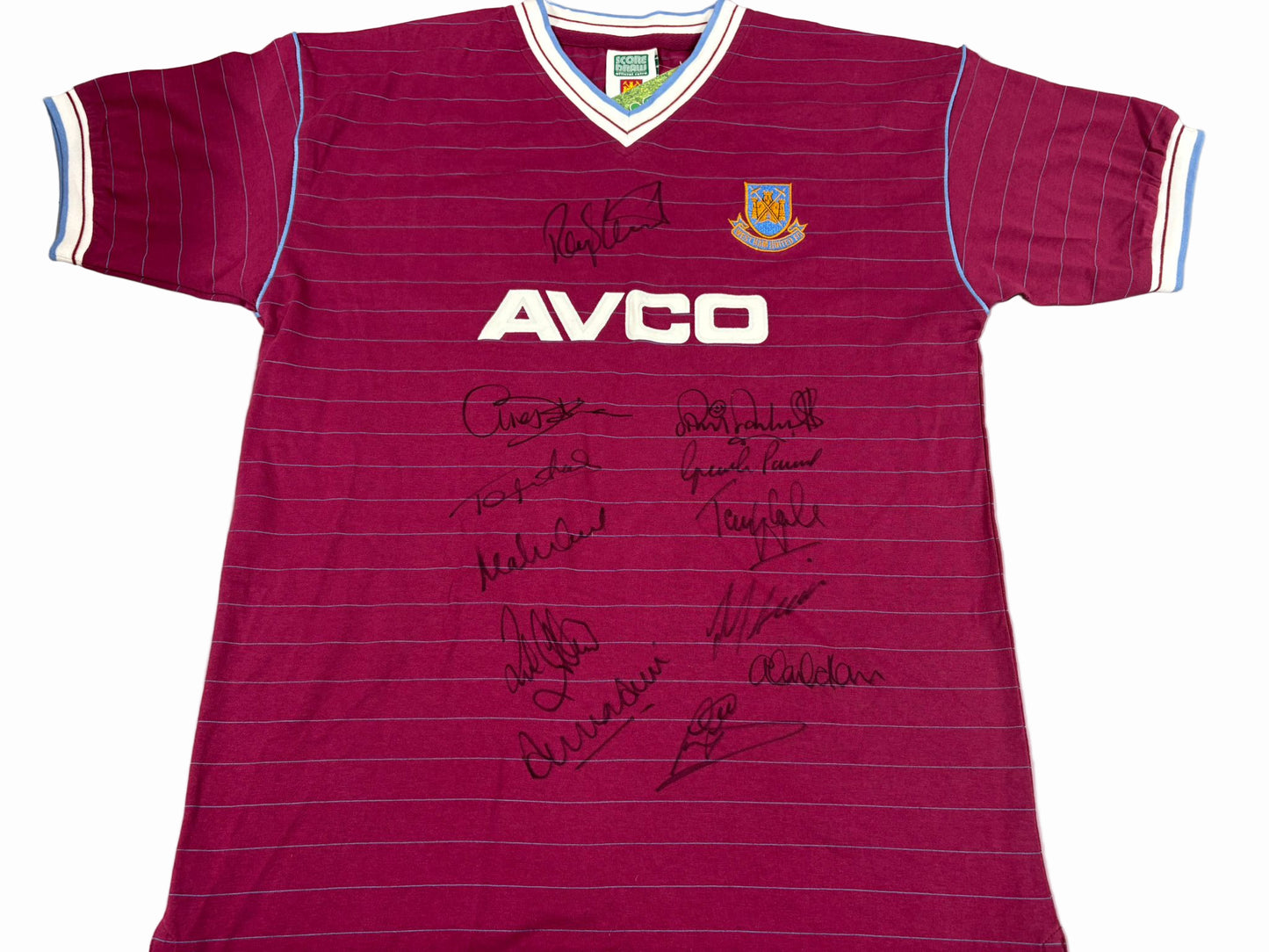 Retro West Ham FC Football Shirt Signed by 12 inc Pike, Keen & Cottee + Dealer COA