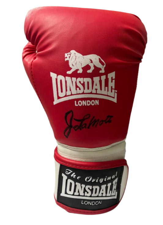 Jake LaMotta 'The Bronx Bull' Signed Red Lonsdale Boxing Glove + Dealer COA