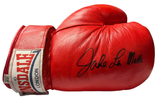 Jake LaMotta 'The Bronx Bull' Signed Red Lonsdale Boxing Glove + Dealer COA