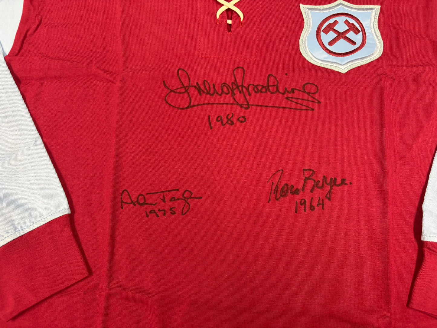 Sir Trevor Brooking, Ronnie Boyce & Alan Taylor Signed Retro West Ham Football Shirt + COA