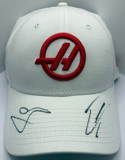 Ollie Bearman & Esteban Ocon MoneyGram Haas Drivers Signed White F1 Cap + COA