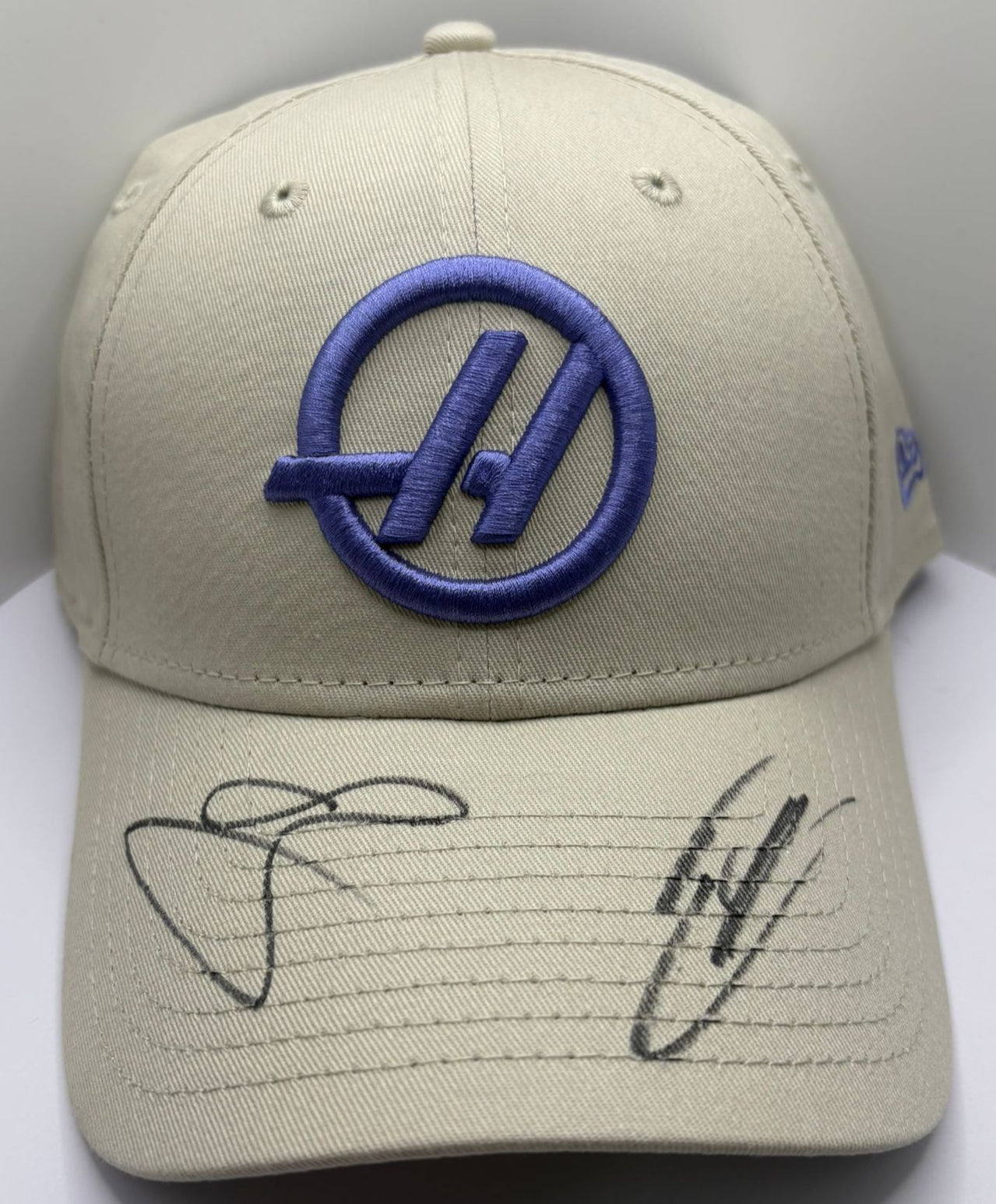 Ollie Bearman & Esteban Ocon MoneyGram Haas Drivers Signed Beige & Purple F1 Cap + COA