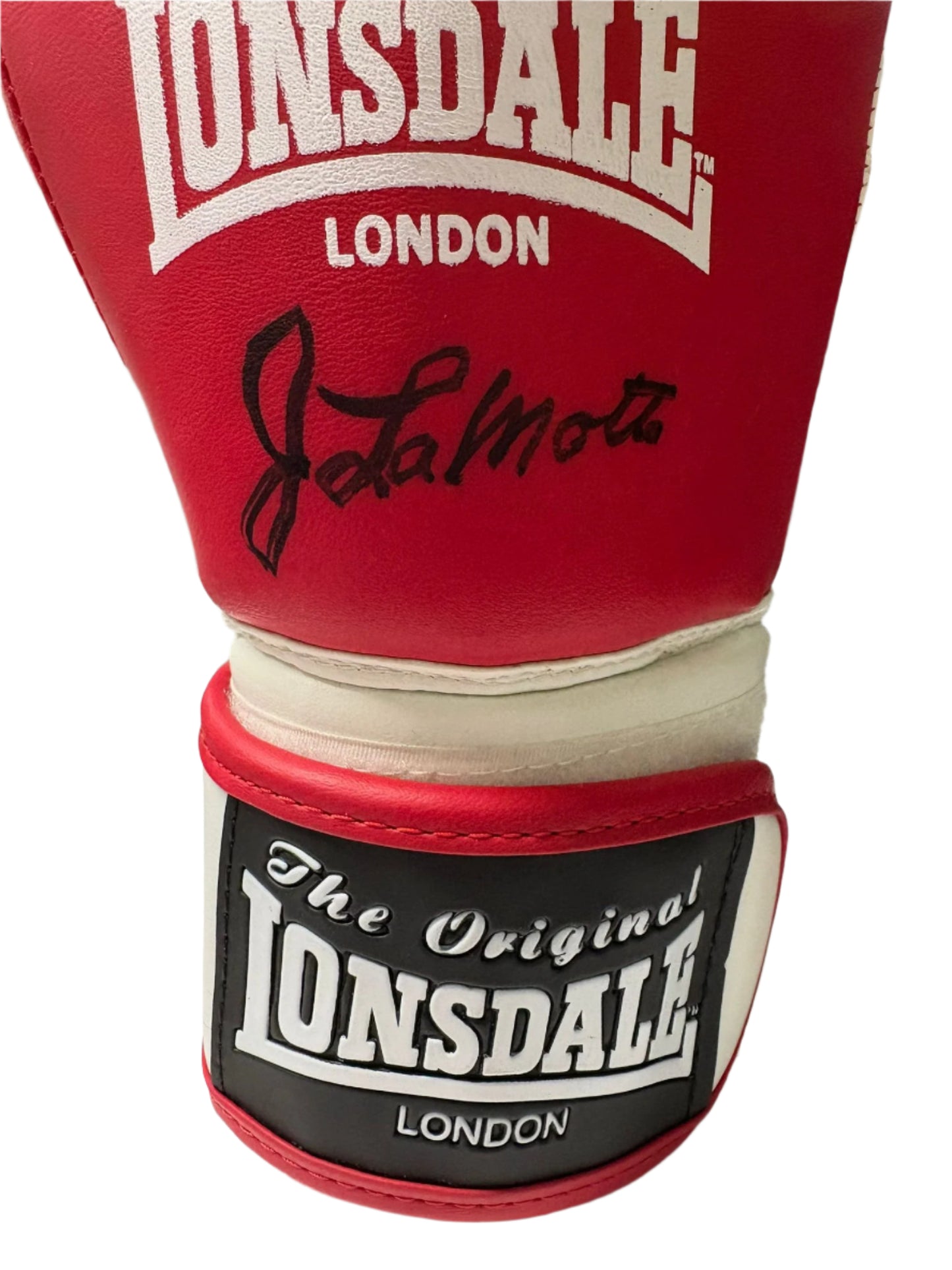 Jake LaMotta 'The Bronx Bull' Signed Red Lonsdale Boxing Glove + Dealer COA