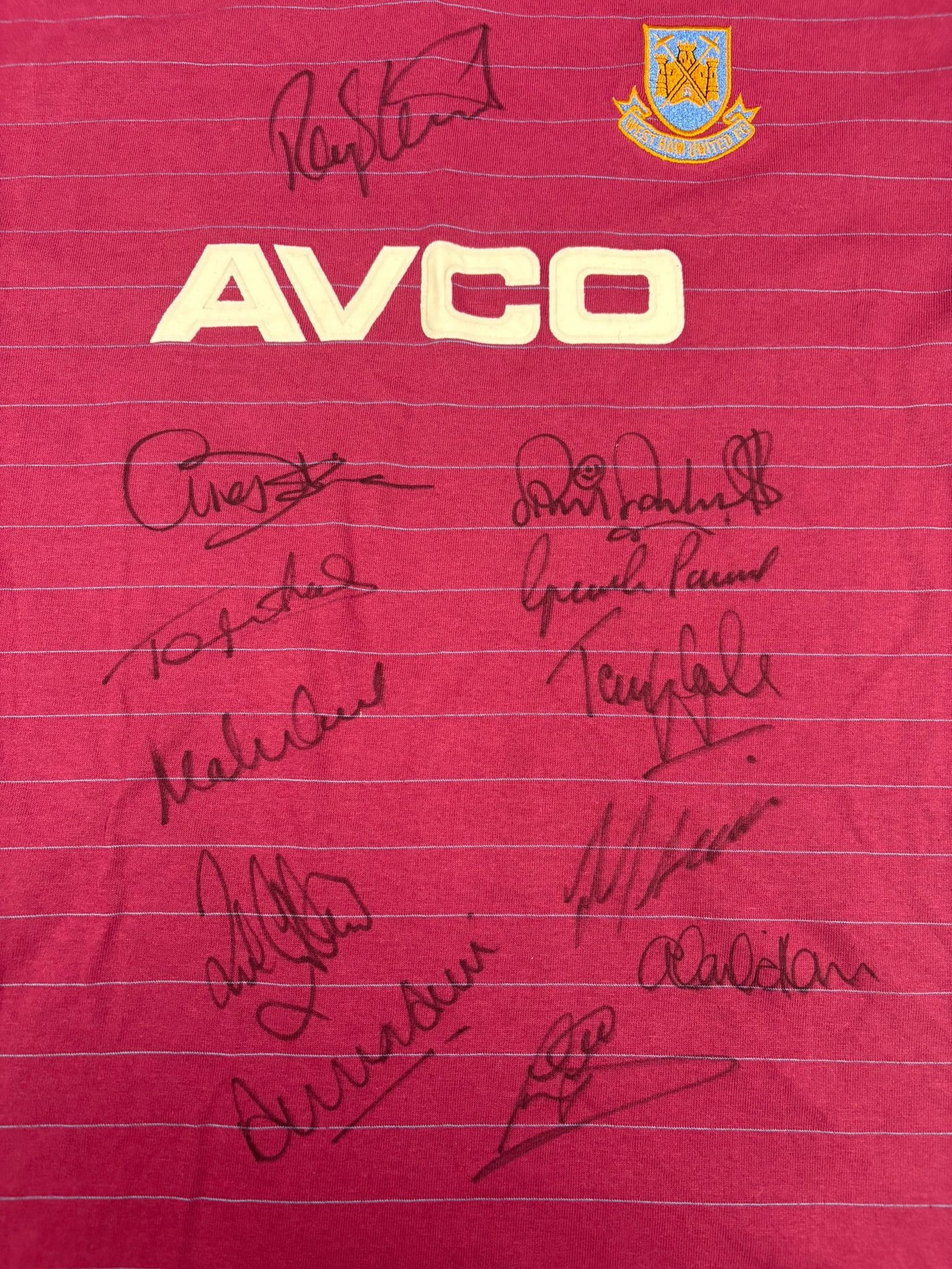 Retro West Ham FC Football Shirt Signed by 12 inc Pike, Keen & Cottee + Dealer COA