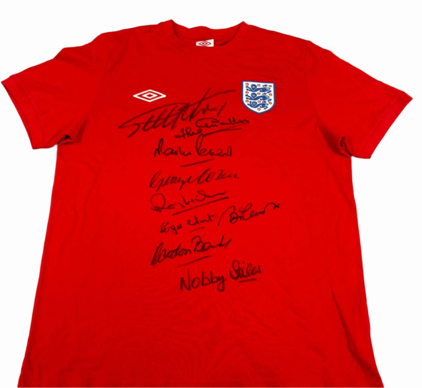 England 1966 World Cup Final Retro Style T-Shirt Signed by 9 Legends (Inc Stiles & Hunt) + COA