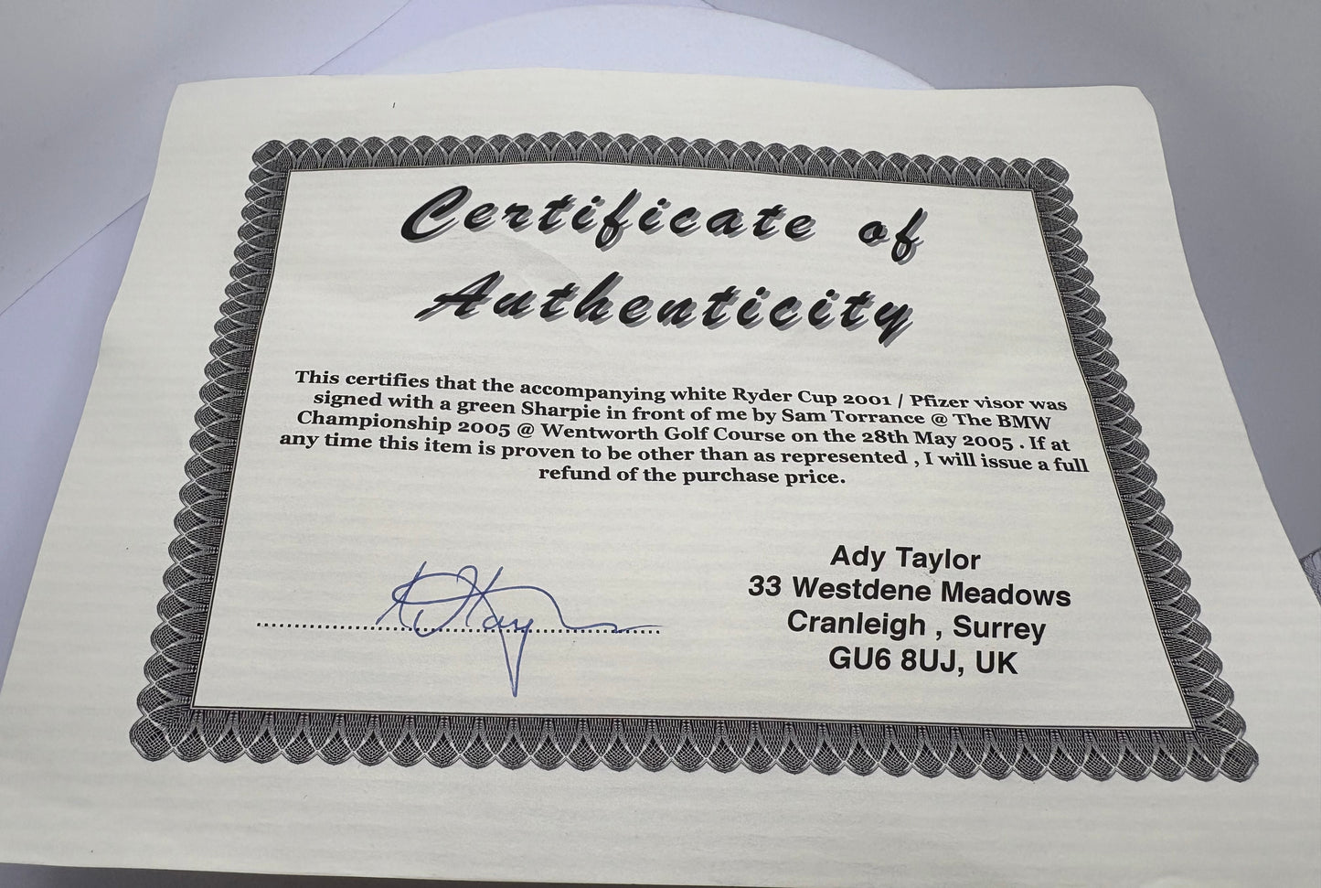 Sam Torrance Signed 2001 Ryder Cup at The Belfry Pfizer Golf Visor + Dealer COA