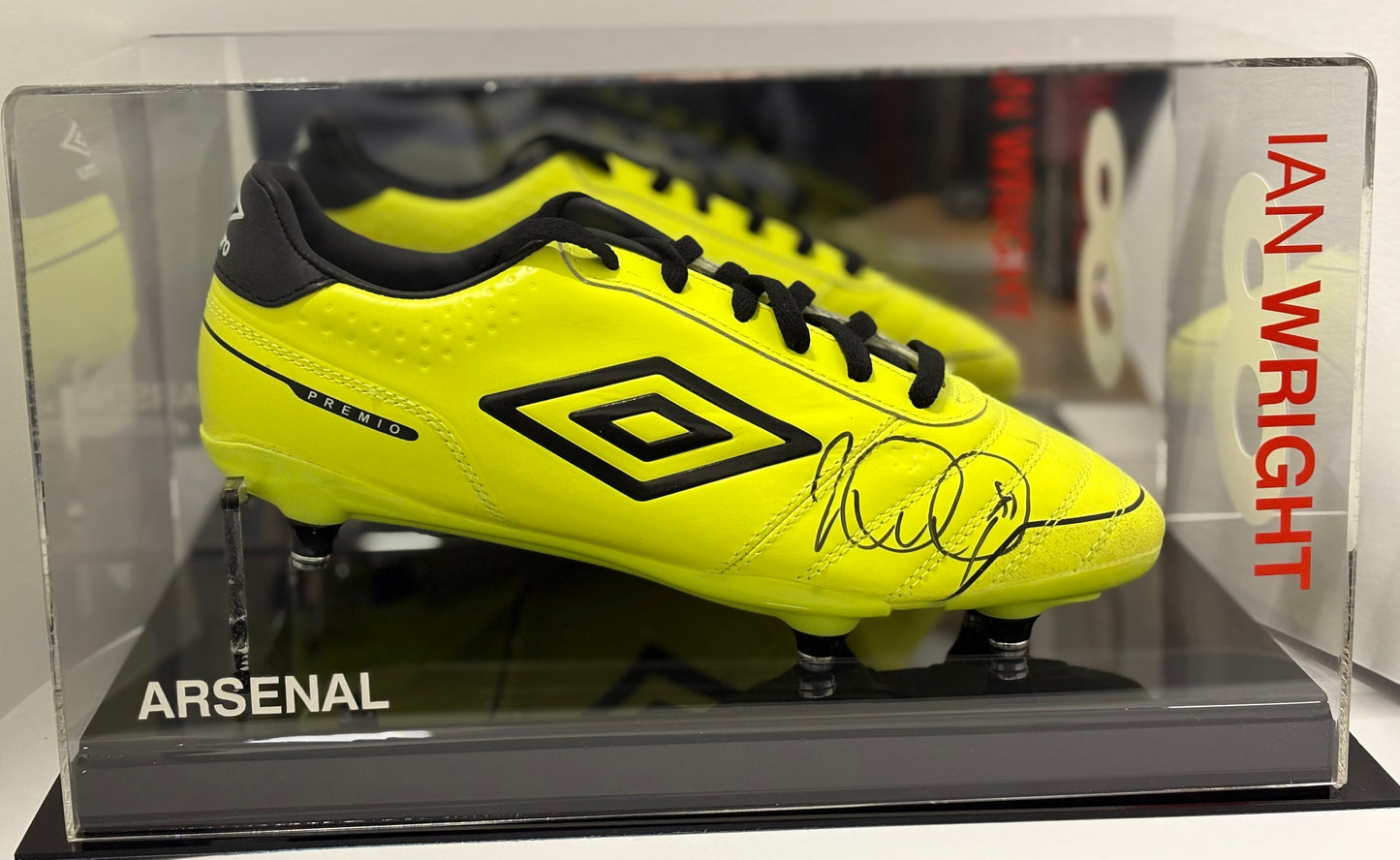 Ian Wright Signed Yellow Umbro Premio Football Boot In Acrylic Case with COA