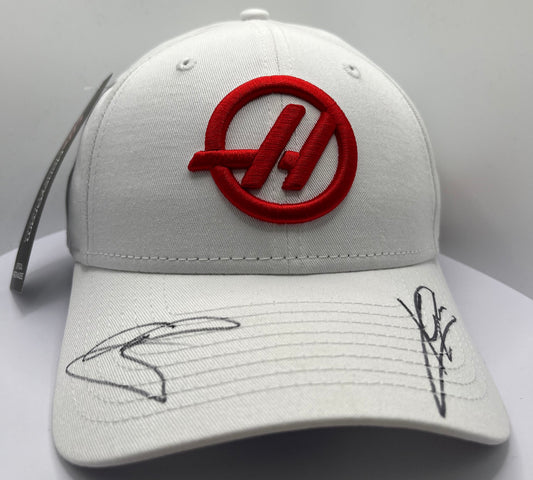 Kevin Magnussen & Ollie Bearman - Formula One MoneyGram Haas Drivers Signed White & Red F1 Cap with COA