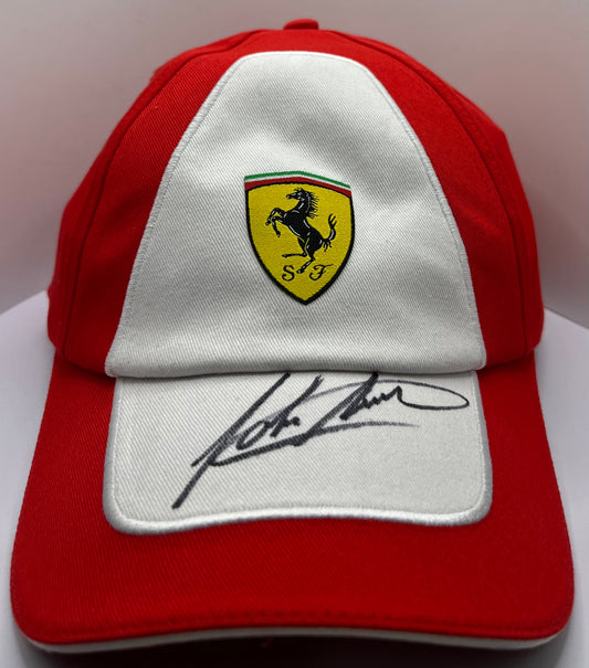 John Surtees - British Racing & Motorcycle Driver Signed Red & White Ferrari F1 Cap with COA