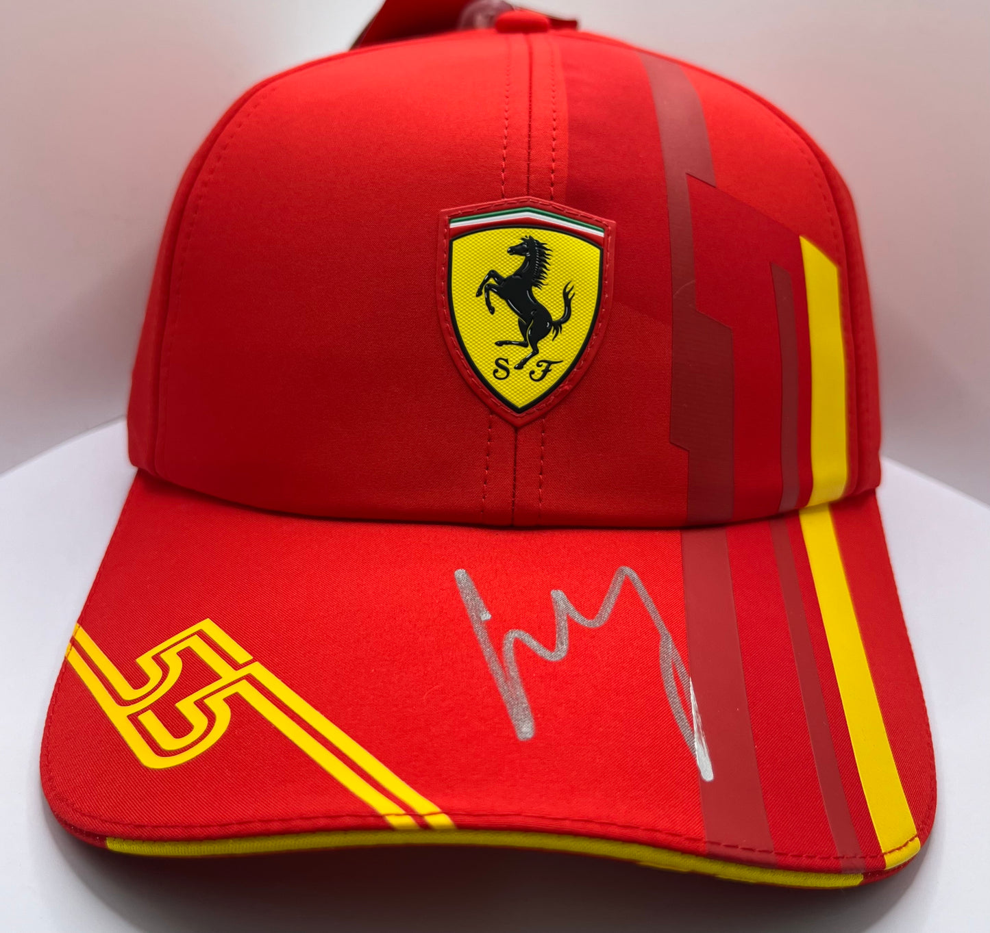Carlos Sainz Signed (In Silver) Red & Yellow Ferrari F1 Cap with COA