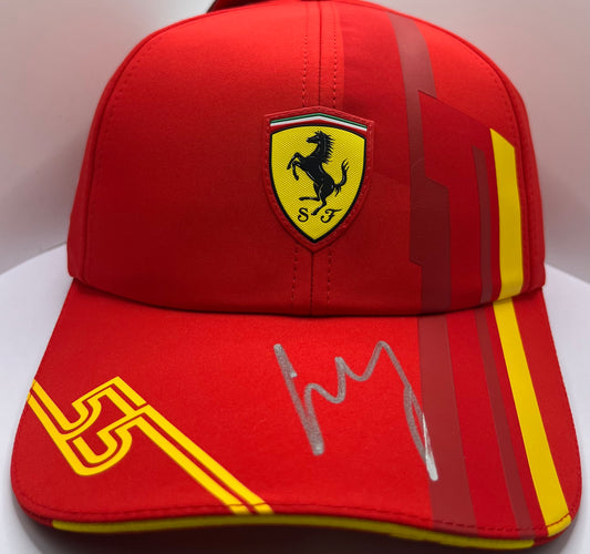 Carlos Sainz Signed (In Silver) Red & Yellow Ferrari F1 Cap with COA