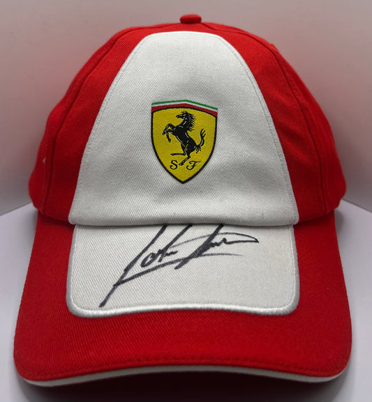John Surtees - British Racing & Motorcycle Driver Signed Red & White Ferrari F1 Cap with COA