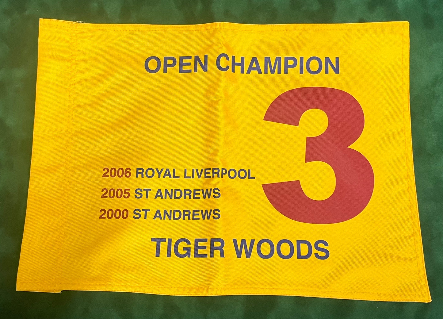 Tiger Woods Three-Time Open Golf Champion Unsigned Golf Flag (Yellow)