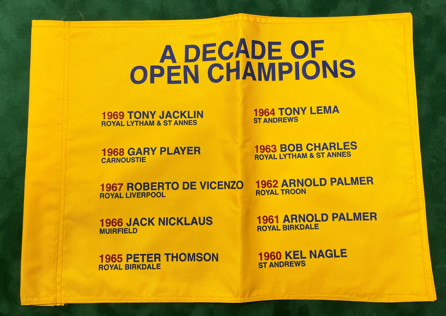 A Decade of Open Champions (1960-1969) Unsigned Golf Flag (Yellow)