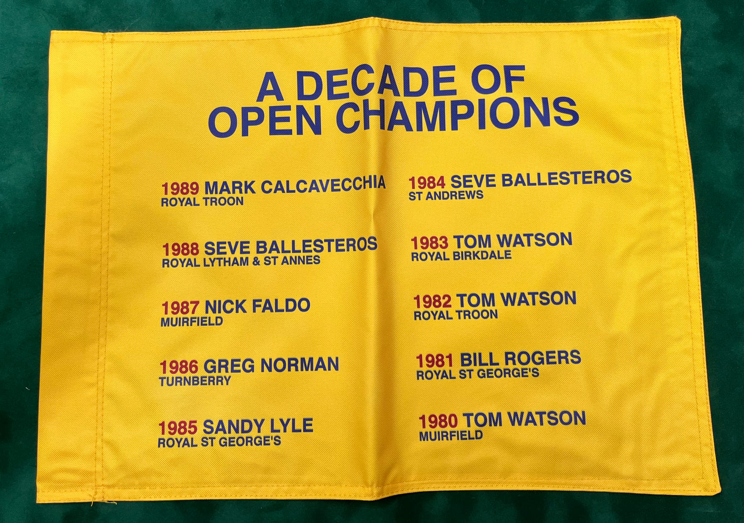 A Decade of Open Champions (1980-1989) Unsigned Golf Flag (Yellow)