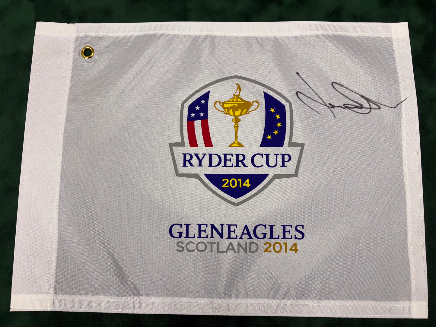 Jamie Donaldson Signed 2014 Ryder Cup at Gleneagles White Golf Pin Flag + Dealer COA