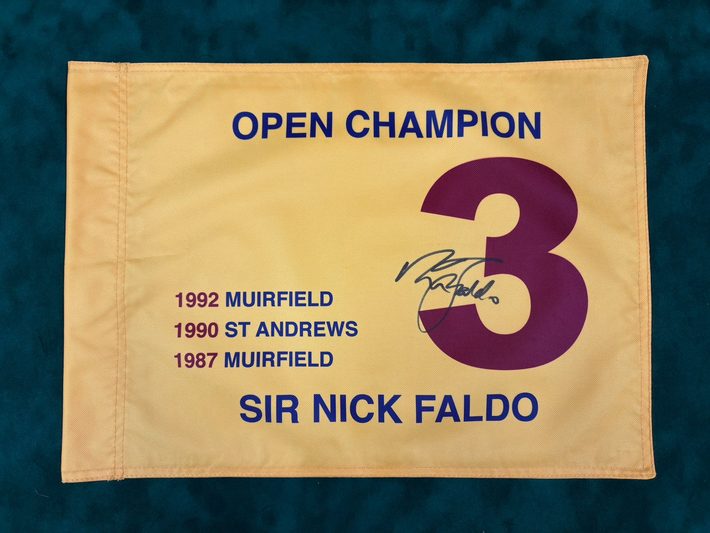 Sir Nick Faldo Signed Three-Time Open Champion Golf Flag + Cert