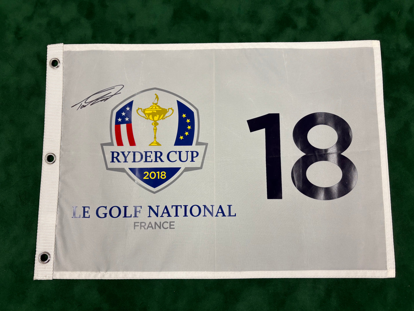 Tommy Fleetwood Signed 2018 Ryder Cup at Le Golf National Golf Pin Flag + Dealer COA