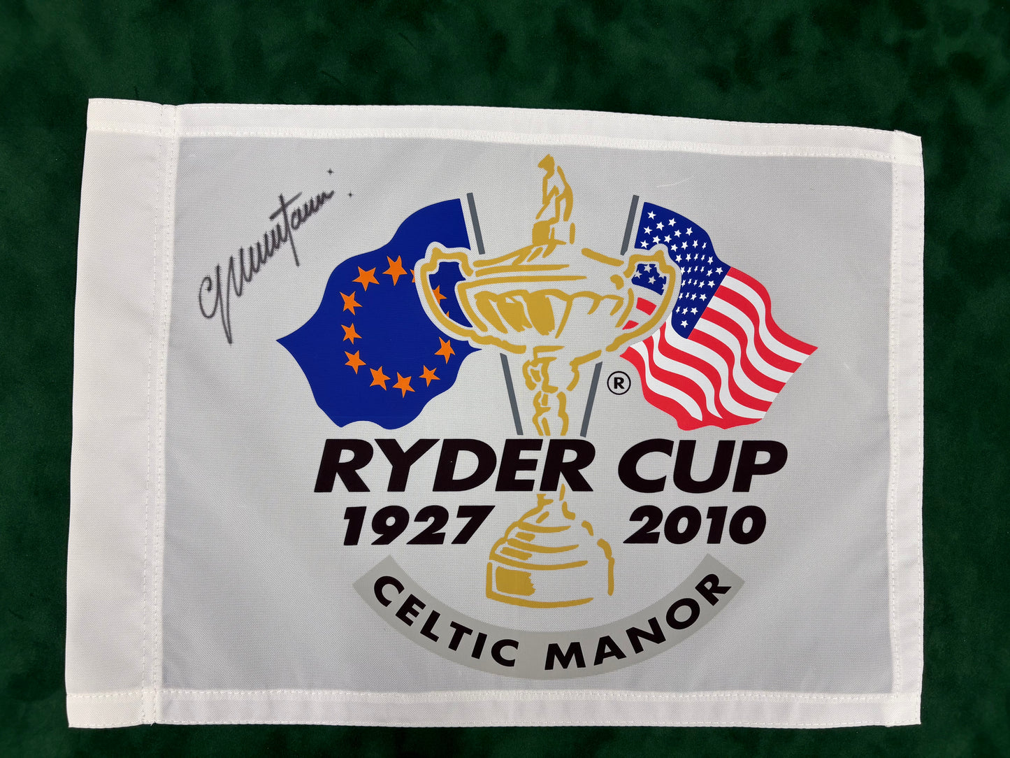 Colin Montgomerie Team Europe Captain Signed 2010 Ryder Cup Golf Flag + Dealer COA