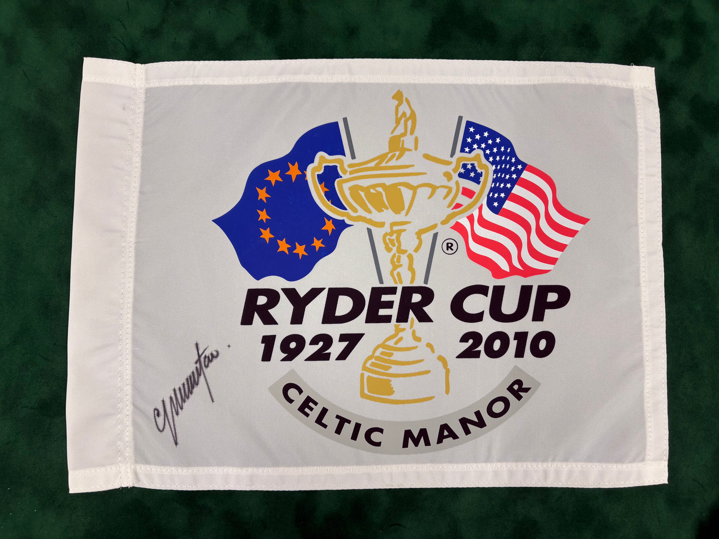 Colin Montgomerie Team Europe Captain Signed 2010 Ryder Cup Golf Flag + Dealer COA