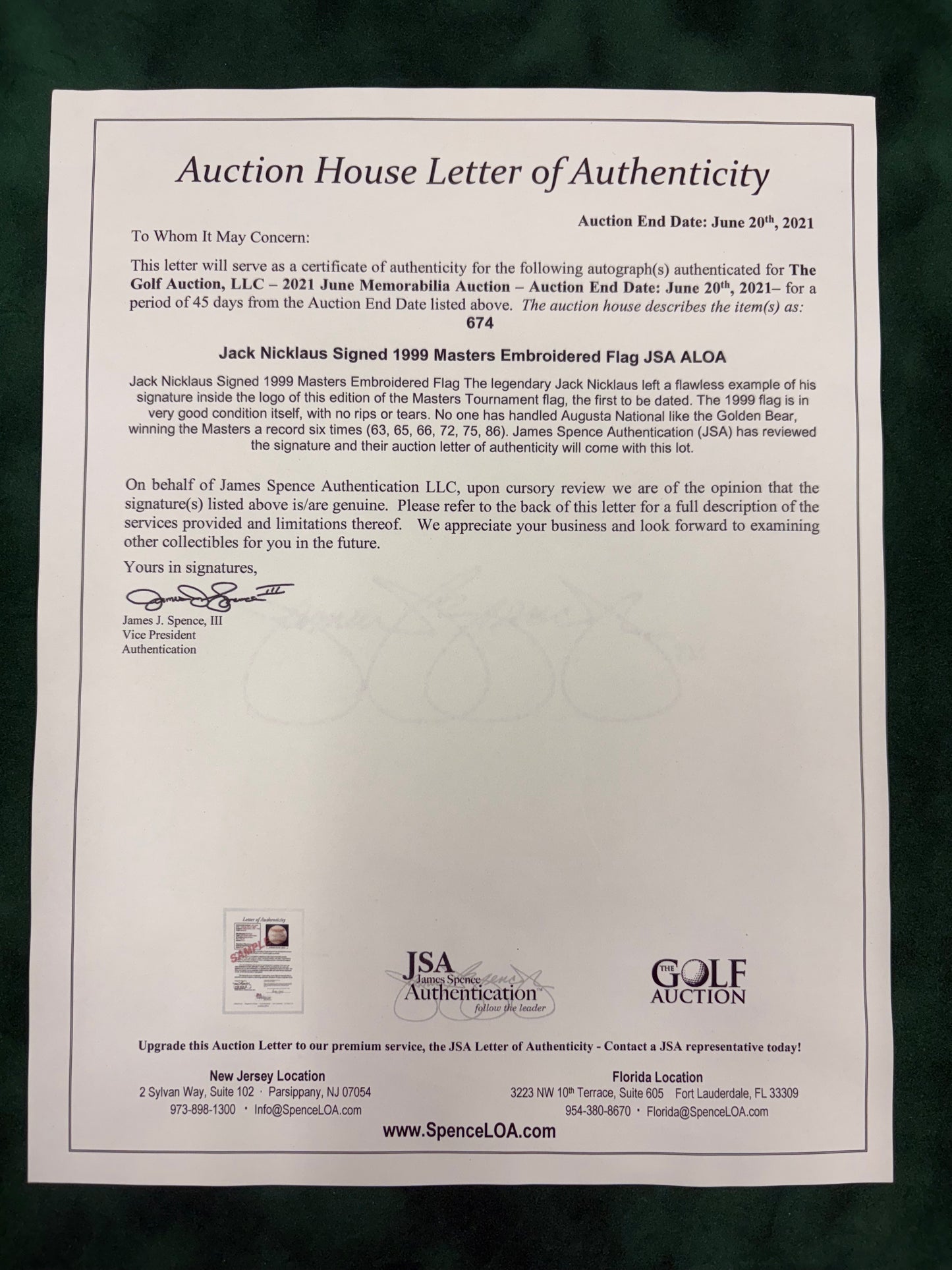 Jack Nicklaus - Golf Legend Signed 1999 Masters Golf Flag + Dealer COA JSA AHLOA