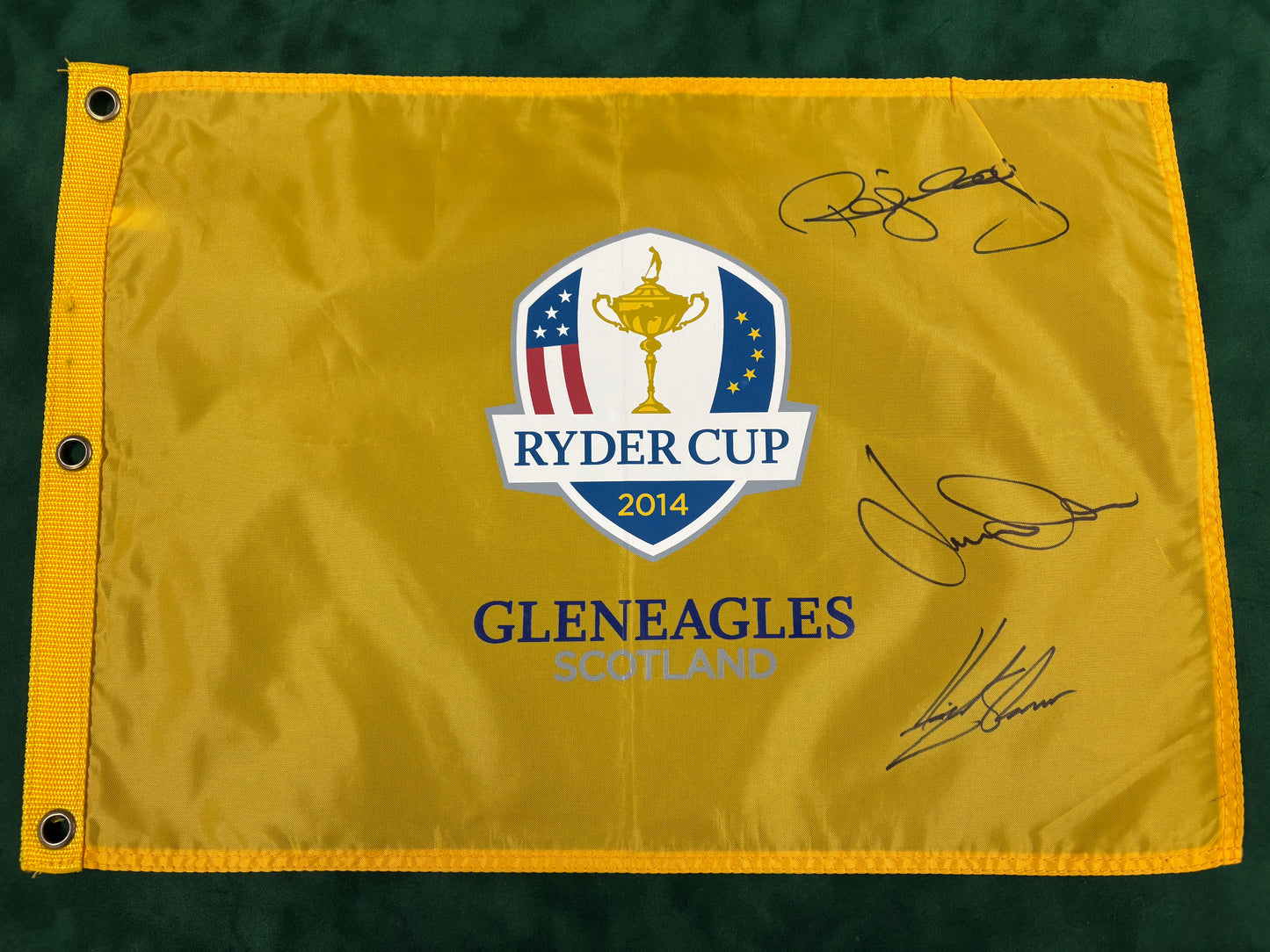 Paul McGinley, Jamie Donaldson & Henrik Stenson Signed 2014 Ryder Cup at Gleneagles Golf Flag + COA