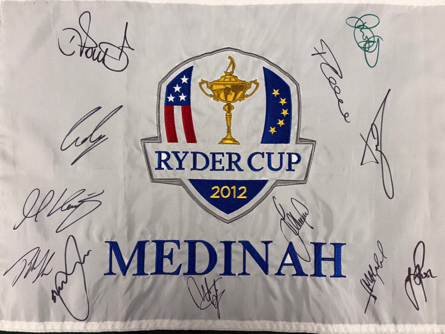 2012 Ryder Cup at Medinah Team Europe Signed Golf Flag (Poulter, McDowell) + COA