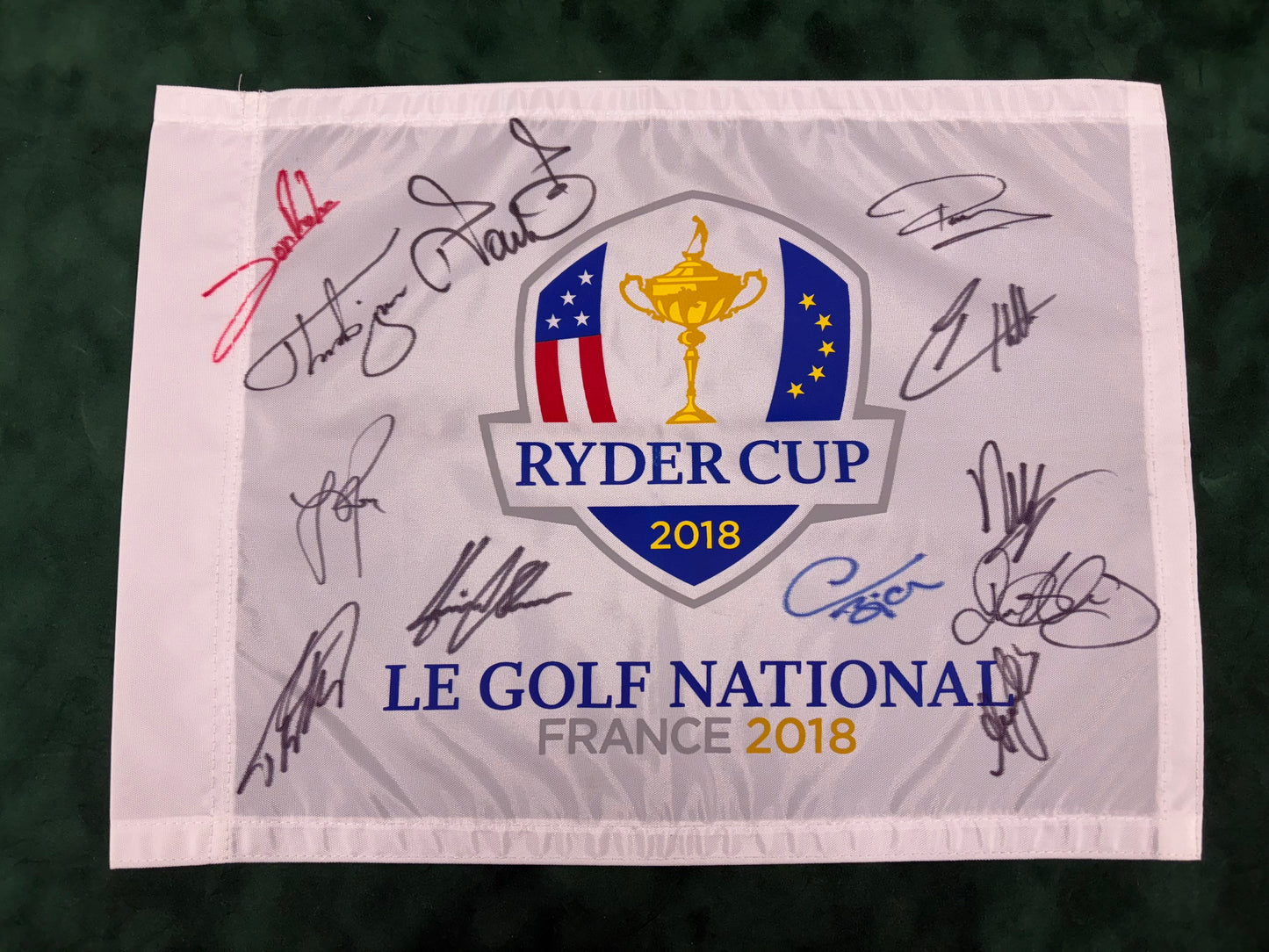 2018 Ryder Cup at Le Golf National Golf Pin Flag Signed by 12 of Team Europe + Cert