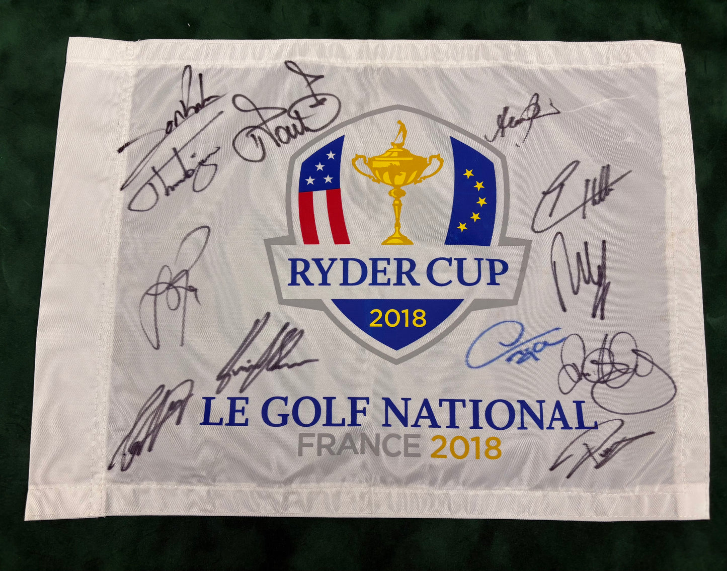 2018 Ryder Cup at Le Golf National Golf Pin Flag Signed by 12 of Team Europe + Cert