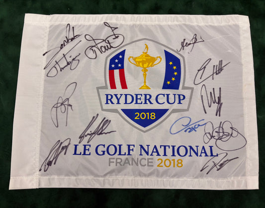 2018 Ryder Cup at Le Golf National Golf Pin Flag Signed by 12 of Team Europe + Cert