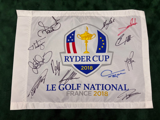 2018 Ryder Cup at Le Golf National Golf Pin Flag Signed by 12 of Team Europe + Cert