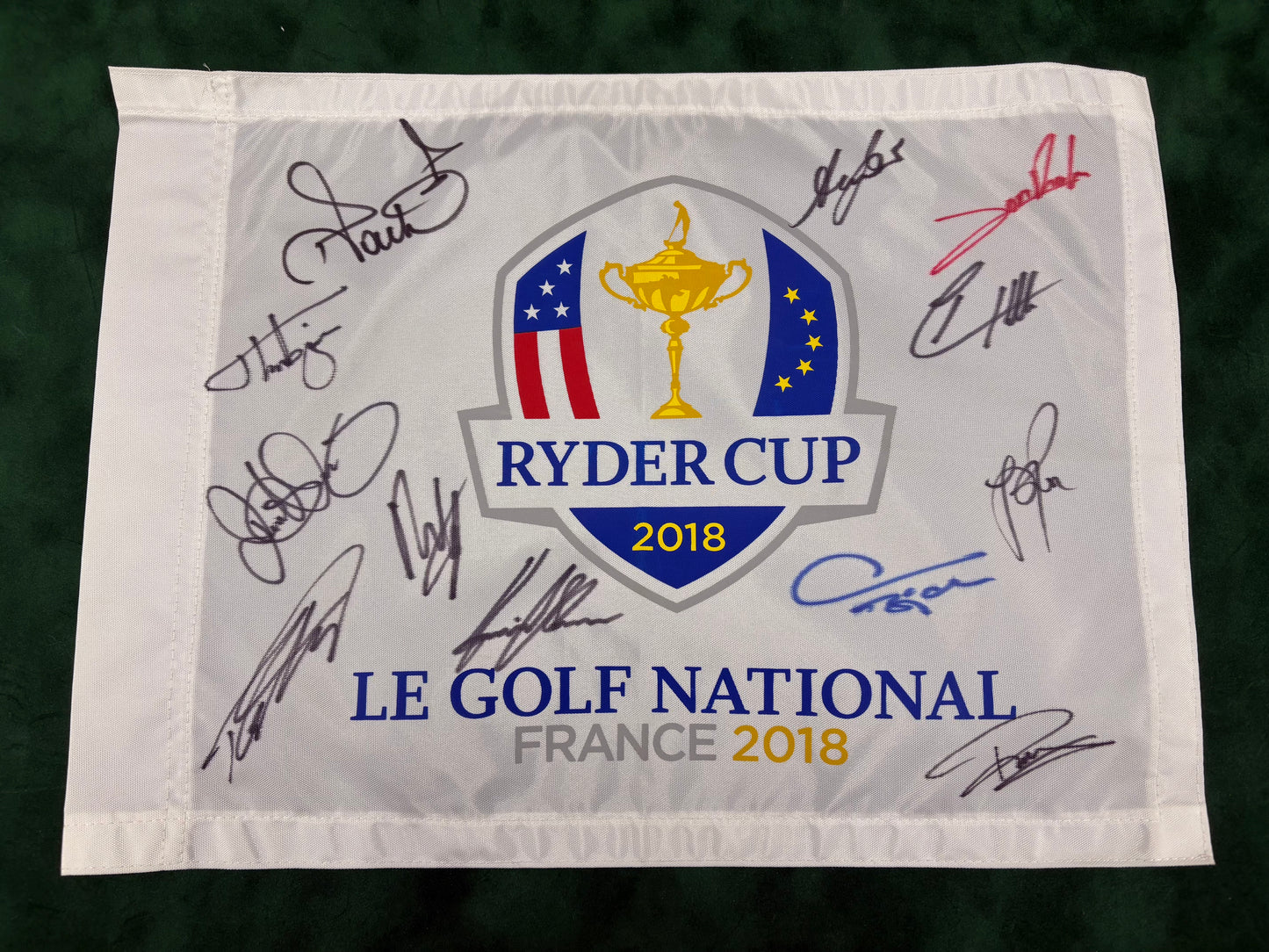 2018 Ryder Cup at Le Golf National Golf Pin Flag Signed by 12 of Team Europe + Cert