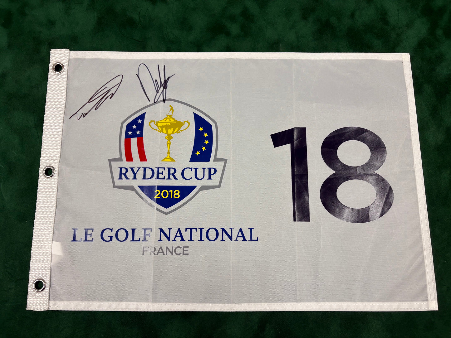 Tommy Fleetwood & Francesco Molinari 'Moliwood' Signed 2018 Ryder Cup Pin Flag + Cert