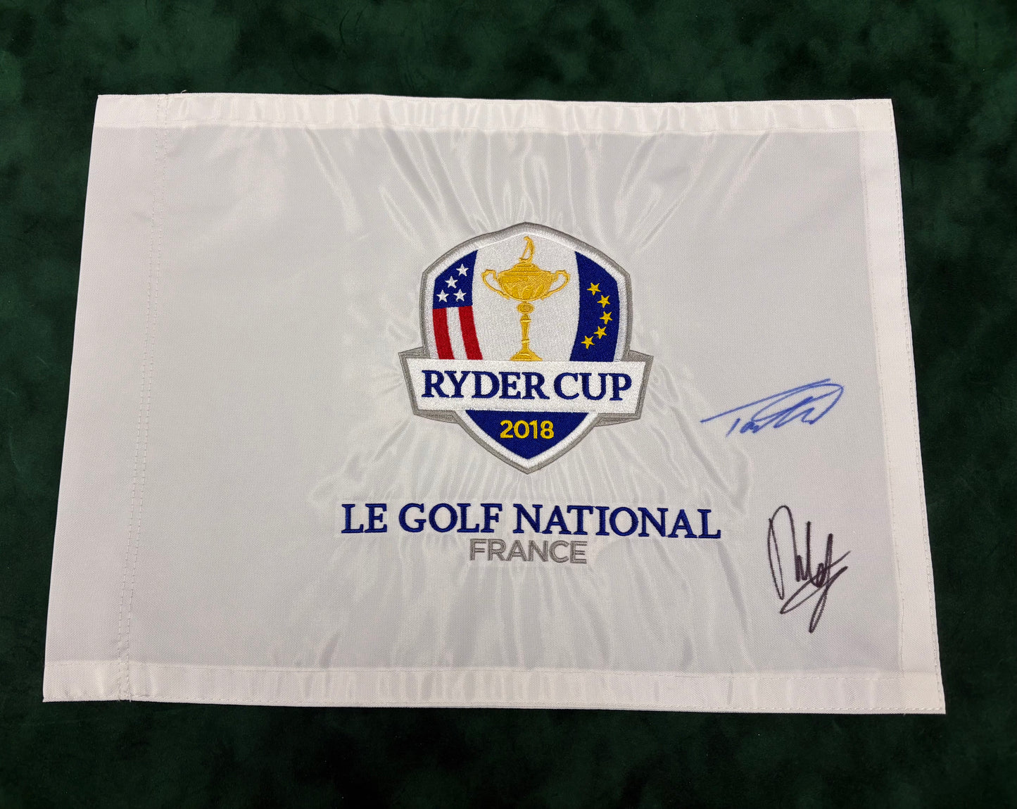 Tommy Fleetwood & Francesco Molinari 'Moliwood' Signed 2018 Ryder Cup Pin Flag + Cert
