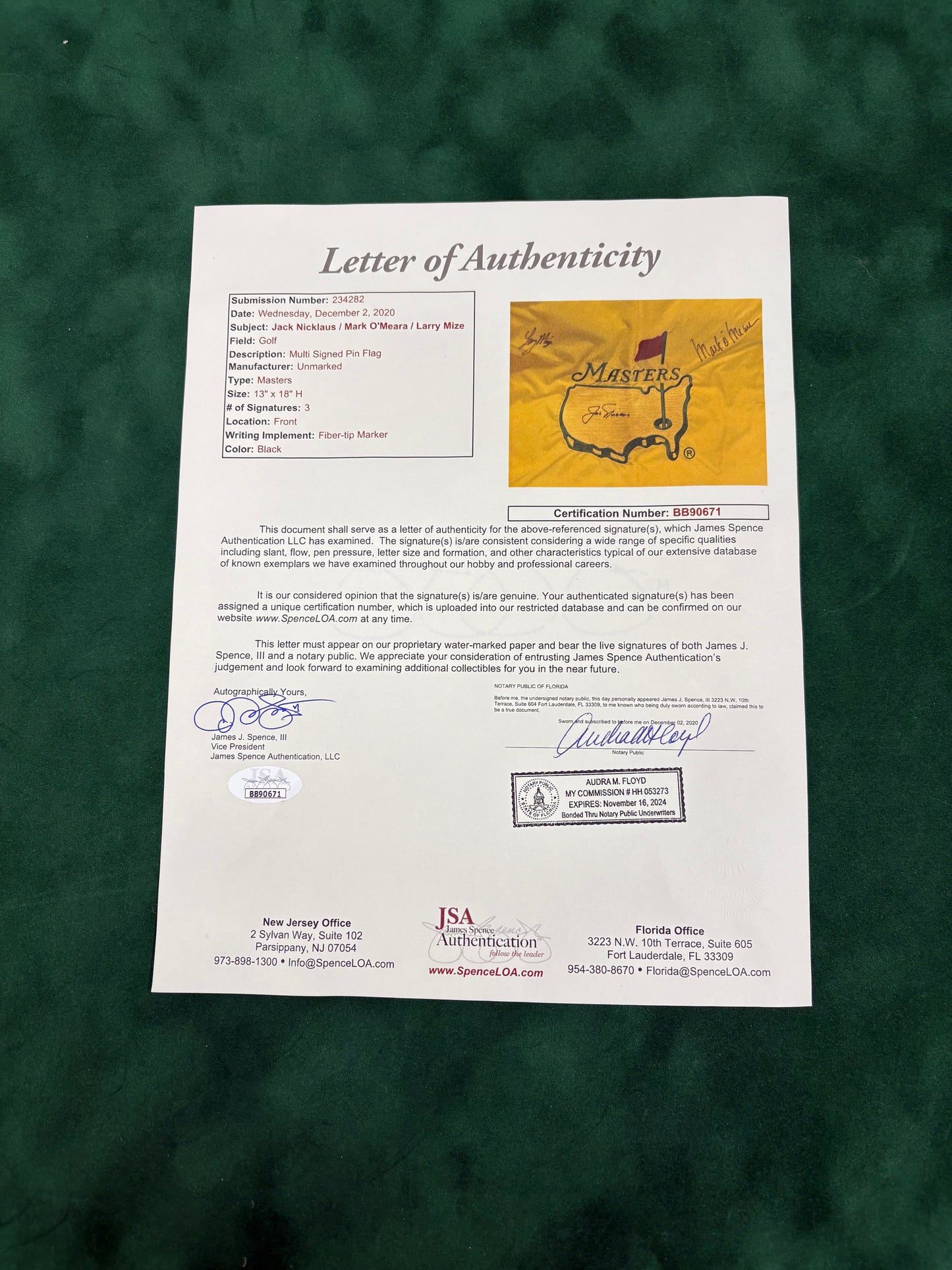 RARE Embroided Masters Golf Flag Signed By Jack Nicklaus, Mark O'Meara & Larry Mize + JSA COA