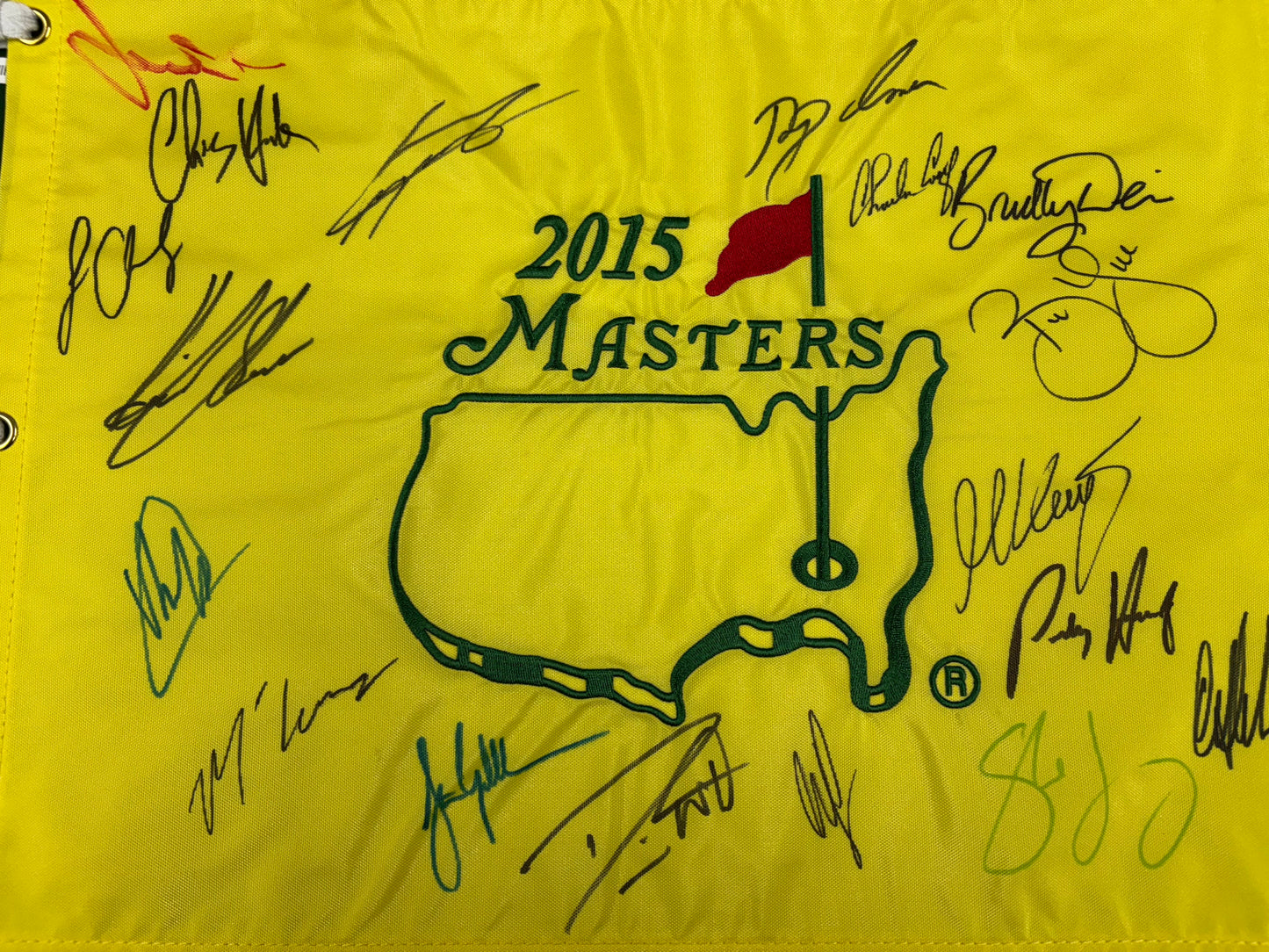 2015 Masters Golf Flag Multi Signed inc Major Champions (Willett, Stenson, Lowry) + Cert