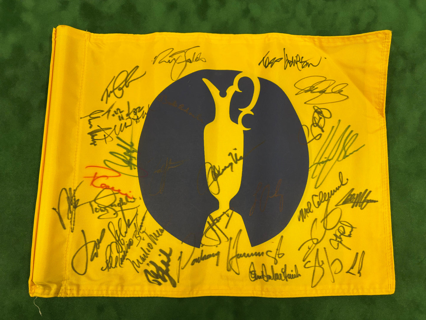 Rare Practice Round Course Used Yellow Golf Flag Signed 32 Open Winners + Dealer COA