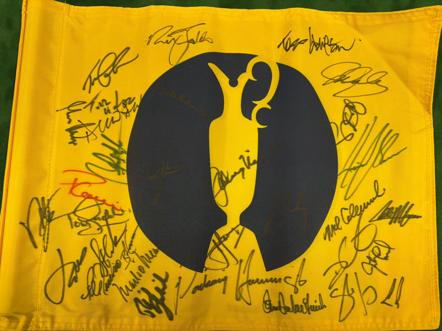 Rare Practice Round Course Used Yellow Golf Flag Signed 32 Open Winners + Dealer COA