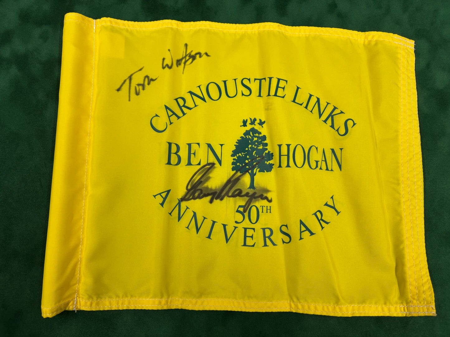 Tom Watson & Gary Player Signed Course Used Carnoustie Links Ben Hogan 50th Anniversary Golf Flag + Cert
