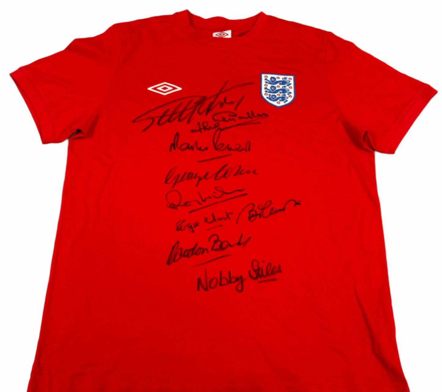 England 1966 World Cup Final Retro Style T-Shirt Signed by 9 Legends (Inc Stiles & Hunt) + COA