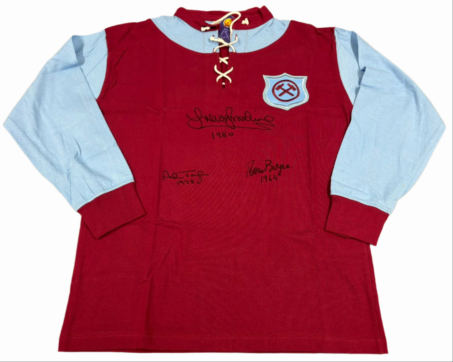 Sir Trevor Brooking, Ronnie Boyce & Alan Taylor Signed Retro West Ham Football Shirt + COA