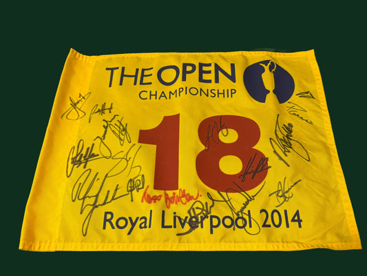 2014 Open at Liverpool Golf Pin Flag Signed by 17 Champions - Tiger Woods + COA