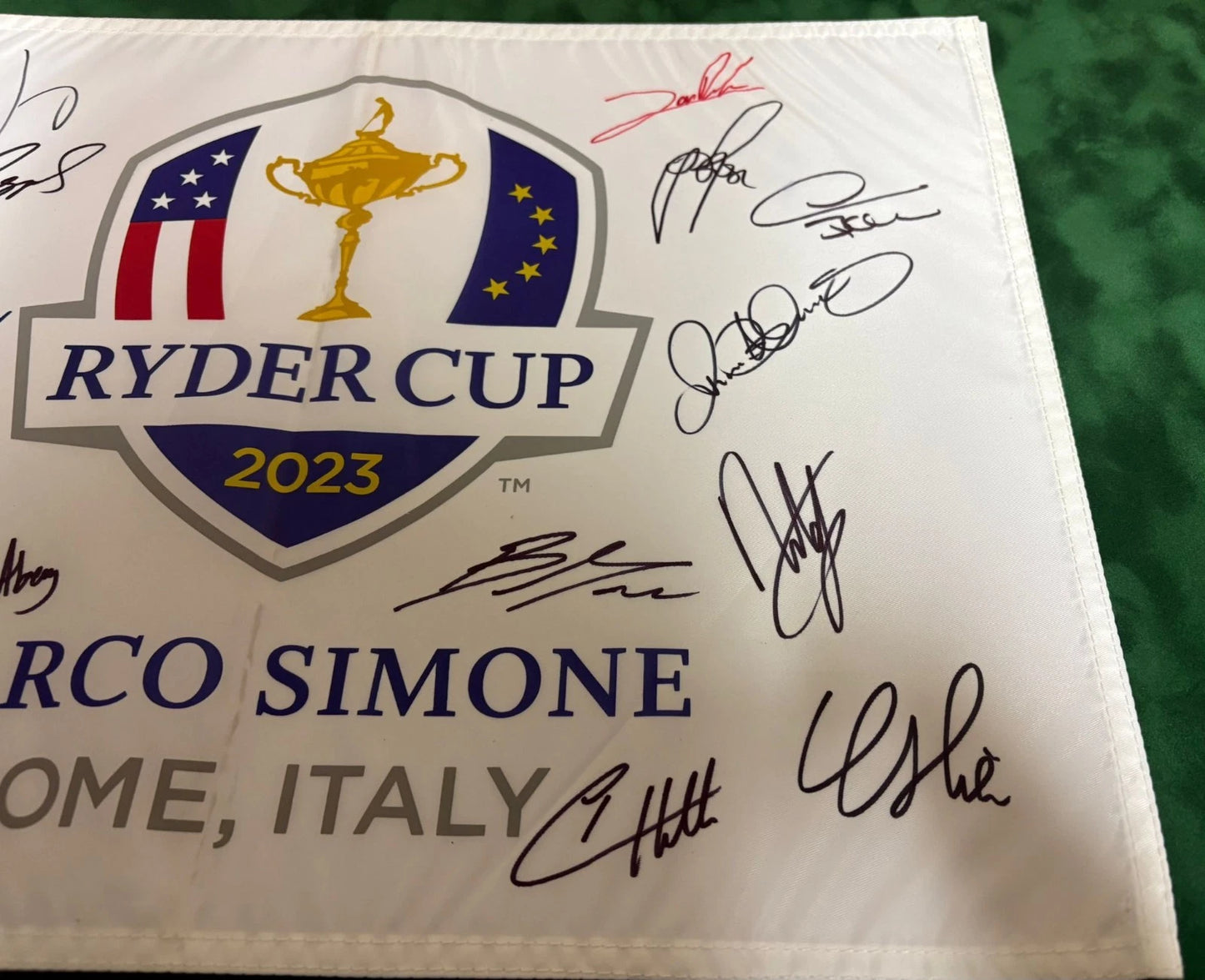 2023 Ryder Cup Team Europe Golf Flag Signed by 17 inc Molinari Lowry Rose + COA
