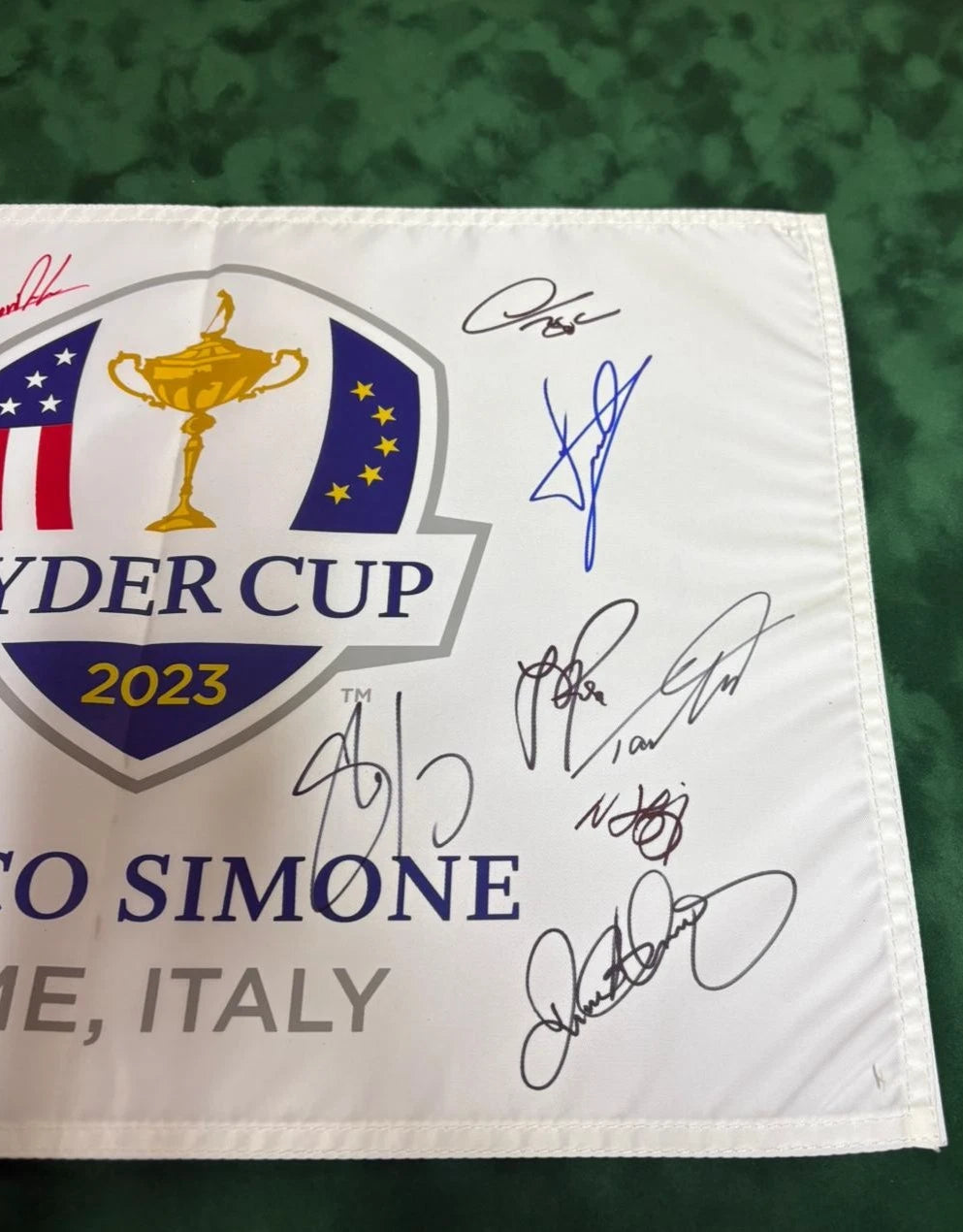 2023 Ryder Cup Team Europe Golf Flag Signed by 17 inc McIlroy Rahm Rose + Dealer COA