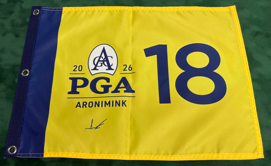 2026 PGA Championship Winner Aaron Rai Signed Yellow Aronimink Golf Flag + Dealer COA