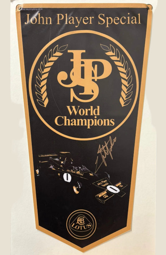 Emerson Fittipaldi Signed John Player Special Lotus F1 Pennant + Dealer COA