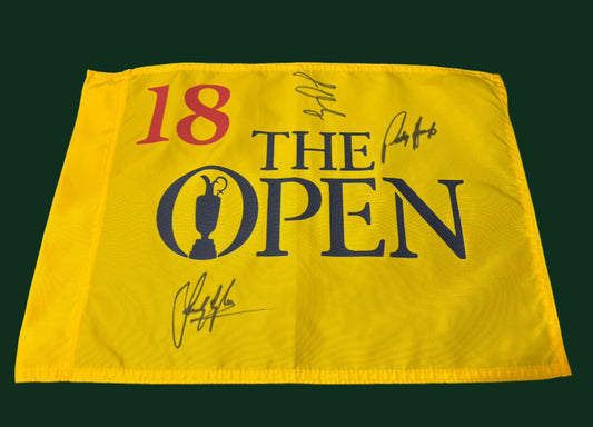 Open Winners: Padraig Harrington, Sandy Lyle and Louis Oosthuizen Signed Undated Open Golf Flag + Cert