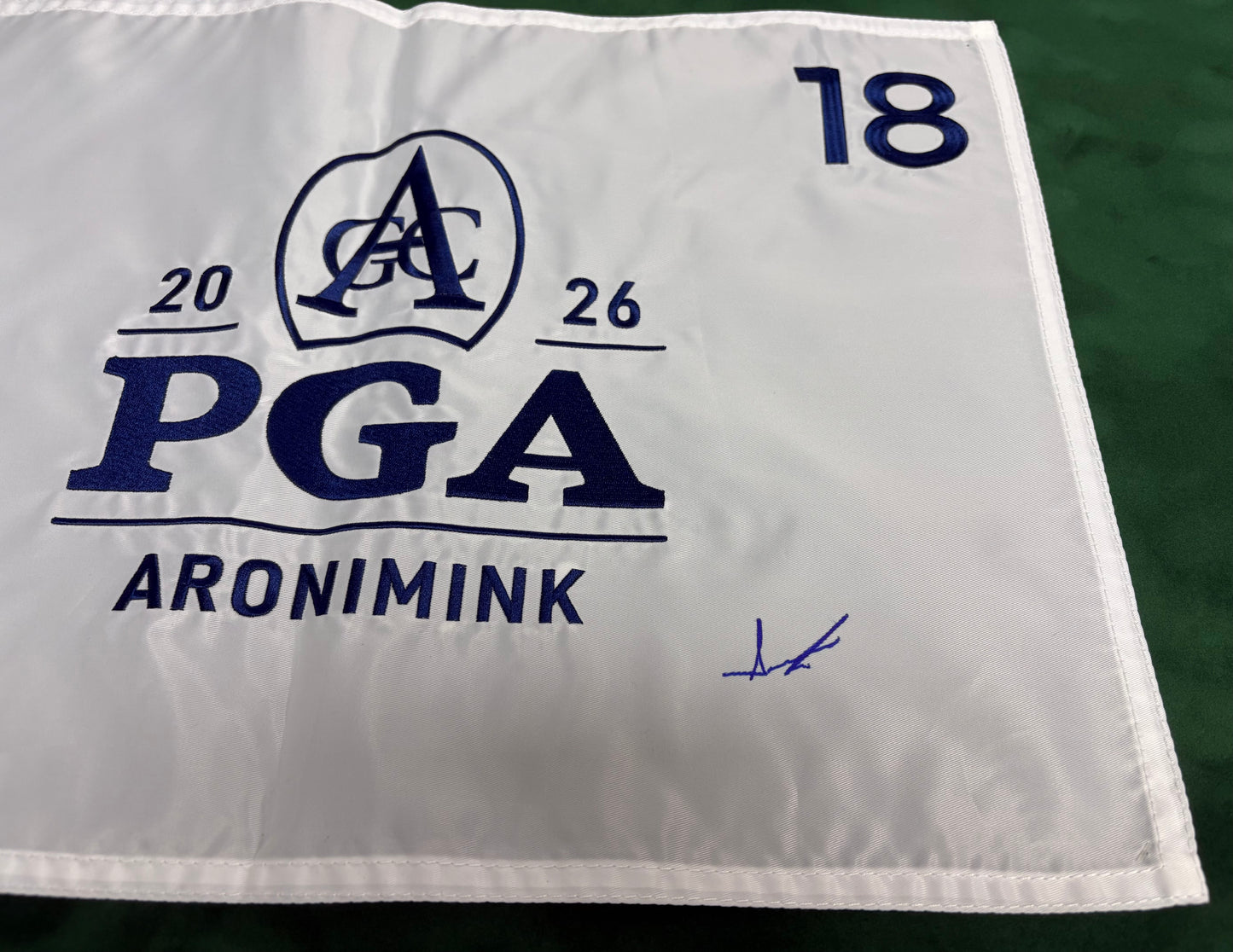 2026 PGA Championship Winner Aaron Rai Signed White Aronimink Golf Flag + Dealer COA