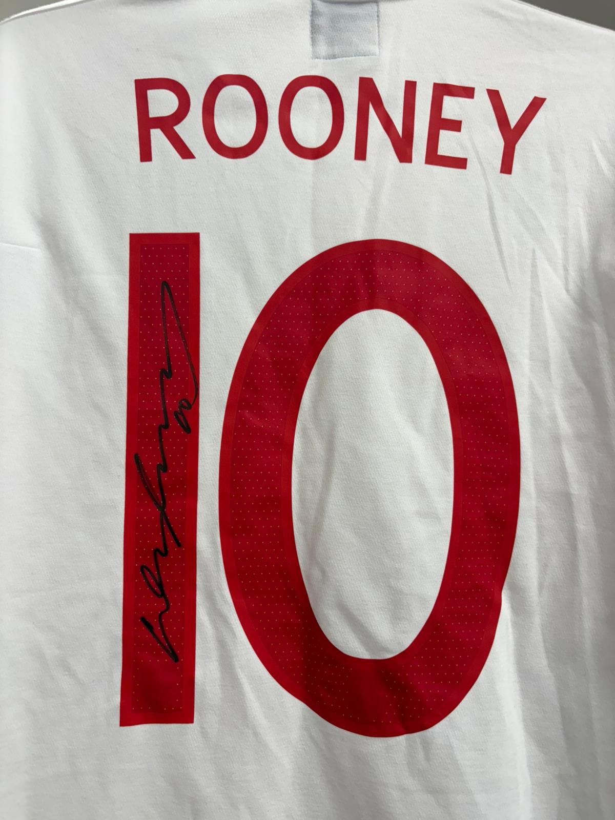 Football Legend Wayne Rooney #10 Signed White England Shirt (Back) + Dealer COA